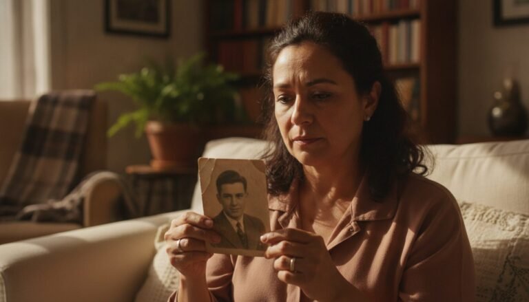Niño triste viendo foto de padre, consecuencias de su muerte en infancia.